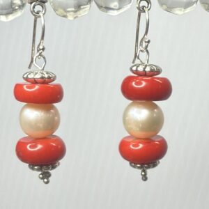 Coral and freshwater pearl dangles (E0717)