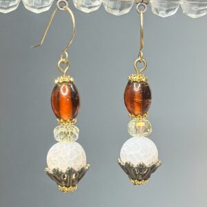 White Crackled & Foil Lampwork Glass Dangles (E1214)