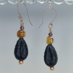 Black Teardrop & Amber Glass Copper Dangles (E1596)