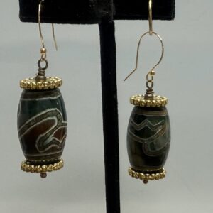 Tibetan Barrel Agate & Brass Dangles (E1704)