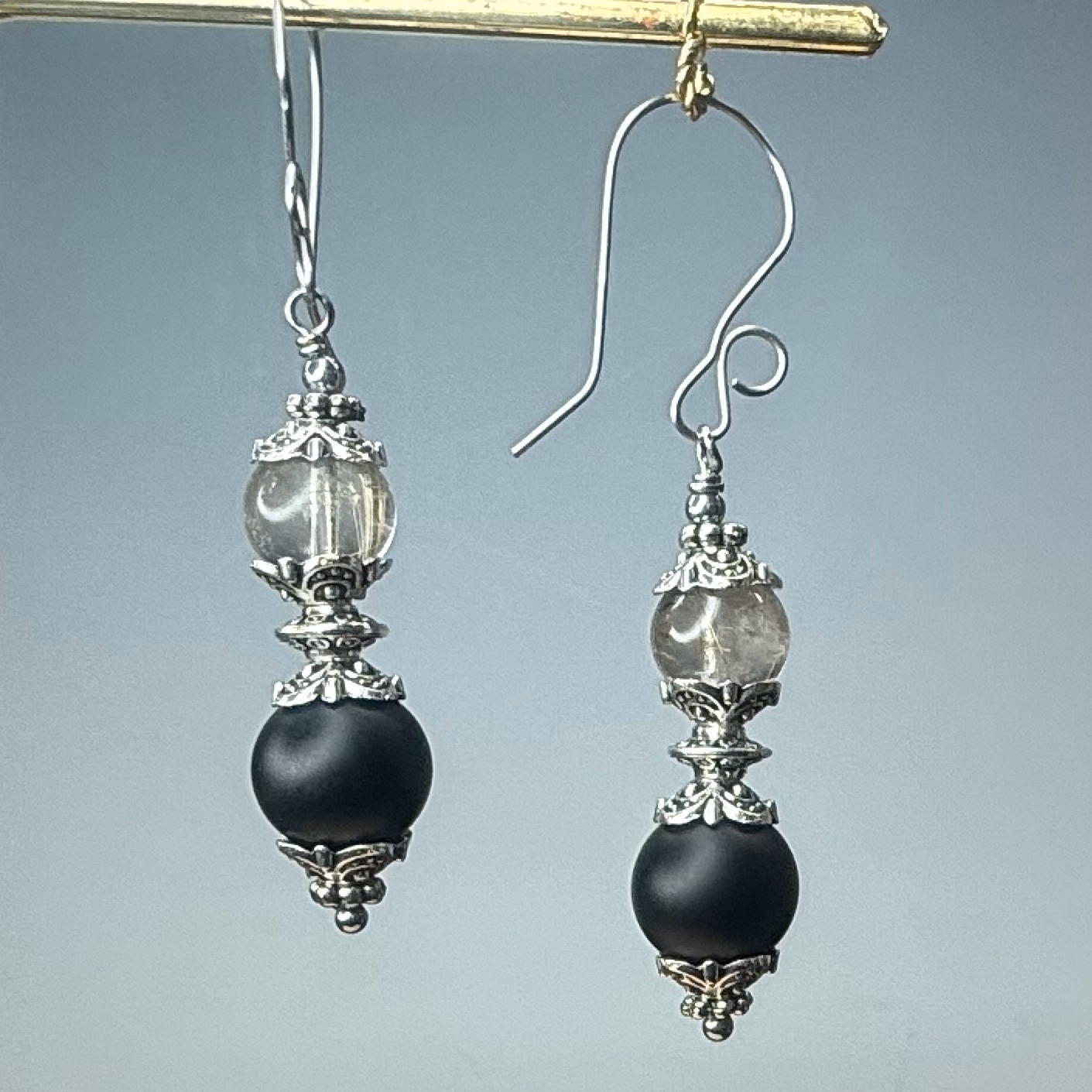 Gold Rutilated Quartz & Black Hematite Dangles (E1770)