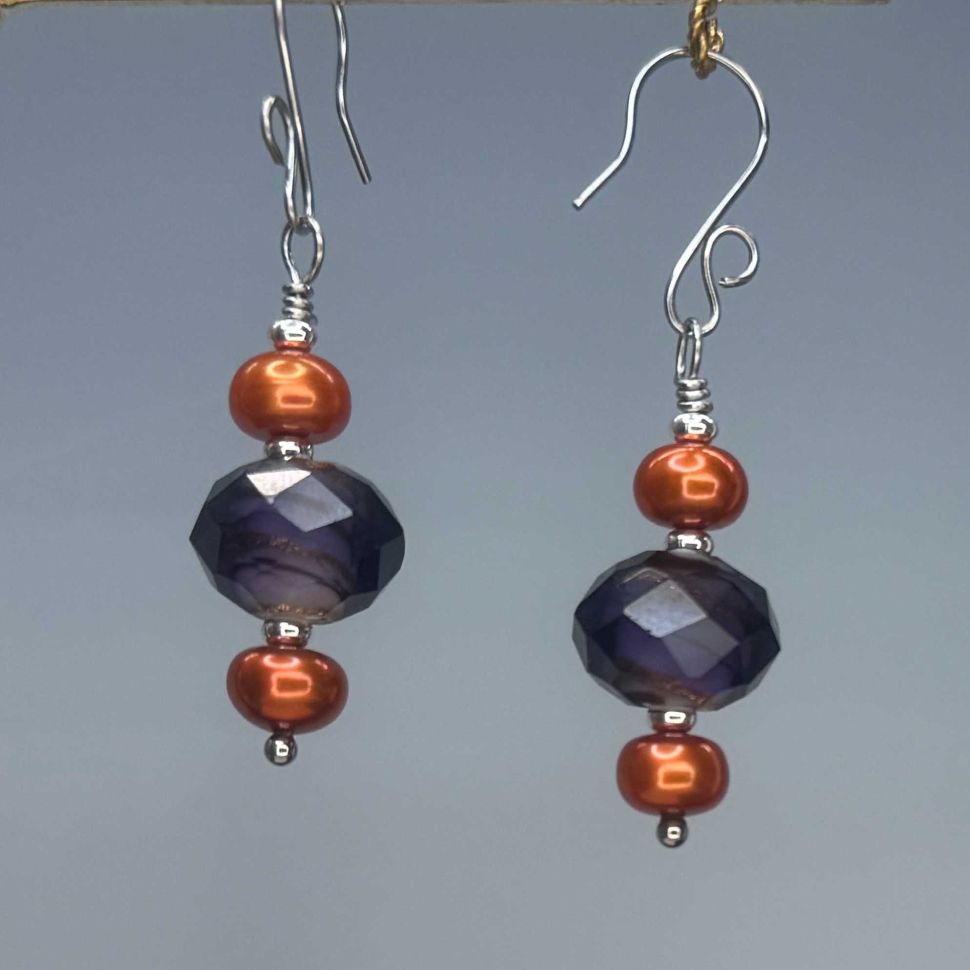 Orange Freshwater Pearl & Purple Faceted Foil Dangles (E2143)