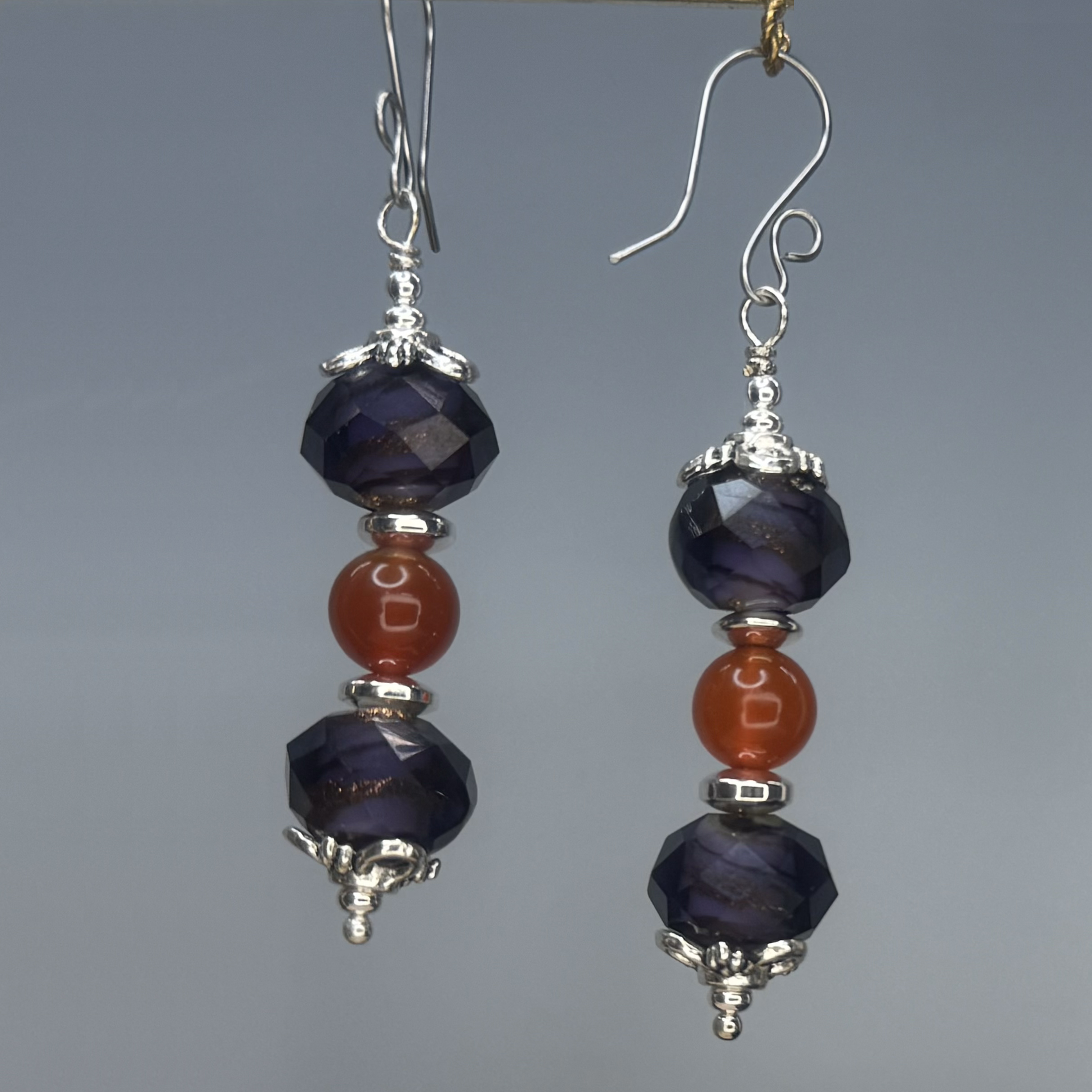Faceted Purple Foil Glass & Carnelian Dangles (E2147)