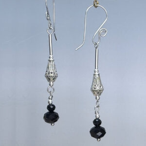 Tibetan Silver & Black Crystal Dangles (E2323)