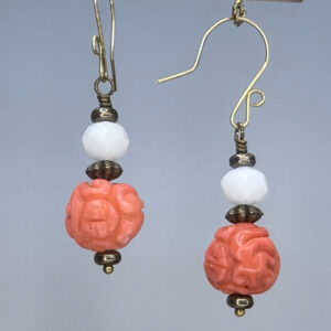 Carved Coral & Faceted Milk Glass Dangles (E2414)