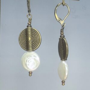 Coin Pearl & Brass Spiral Dangles (E2564)