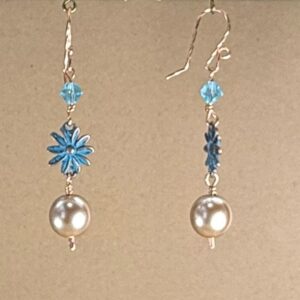 Verdigris Flower & Shell Pearl Dangles (E4152)